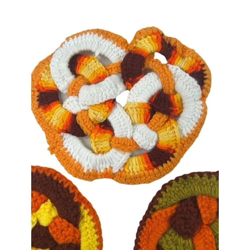 Lot of 3 Vintage Handmade Crochet Potholders 1970s EarthTones EUC